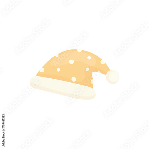 Vector illustration of a pastel sleeping cap with white polka dots, soft trim, and pom-pom. Perfect for nursery decor, bedtime scenes, children’s products
