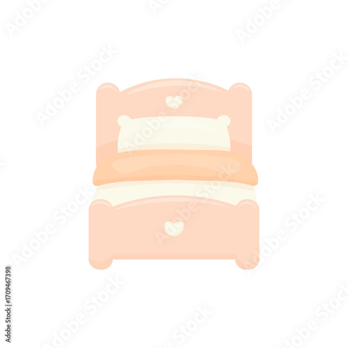 Charming pastel illustration of a peach-colored bed with a heart detail in a kawaii, nursery-style. Suitable for baby room decor, children’s products, bedtime scenes, and gentle, sweet designs.