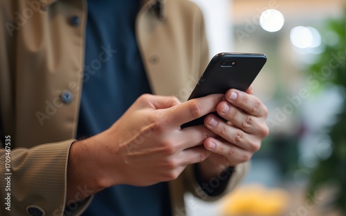 Close up of diverse man's hand holding cellphone with mobile payment app on self service checkout. High quality
