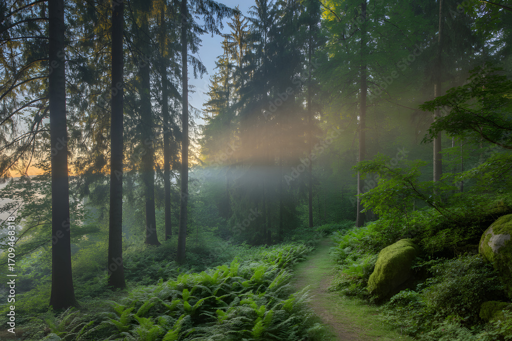 Obraz premium Sunlit Path in Serene Woodland: A tranquil trail winds through a misty forest, sunlight streaming through the towering trees creating an ethereal scene of nature's beauty.