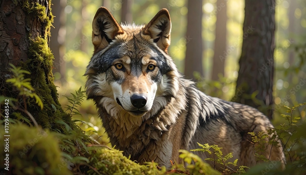 Obraz premium Majestic Wolf Portrait in Sunny Forest Detailed Furry Texture and Intense Gaze Woodland Scene with Mossy Trees and Ambient Light Natural Habitat Animal Focus