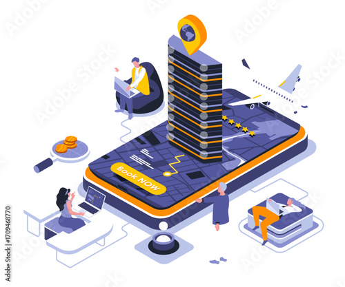 Common equidistant three-dimensional vector graphics An isometric scene with a large smartphone and a tall building - like structure, an airplane, and people working, in blue, yellow, and gray