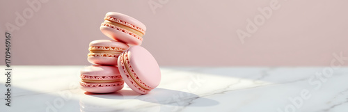 delicate array pink macarons lies stacked gleaming white marble surface bathed soft diffused morning light