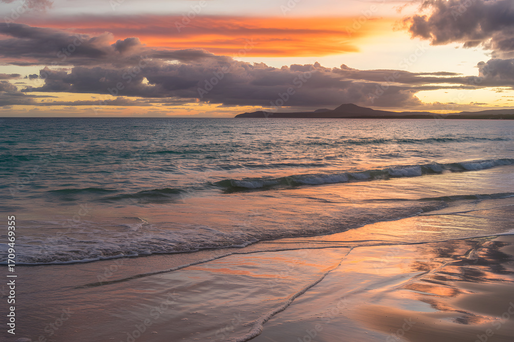 Fototapeta premium Ocean Sunset Serenity: A picturesque coastal panorama unfolds as the sun dips below the horizon, casting a warm glow over gentle waves washing onto the sandy shore and clouds.