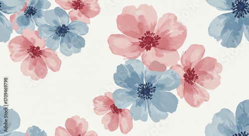 Watercolor floral pattern with pink and blue flowers.