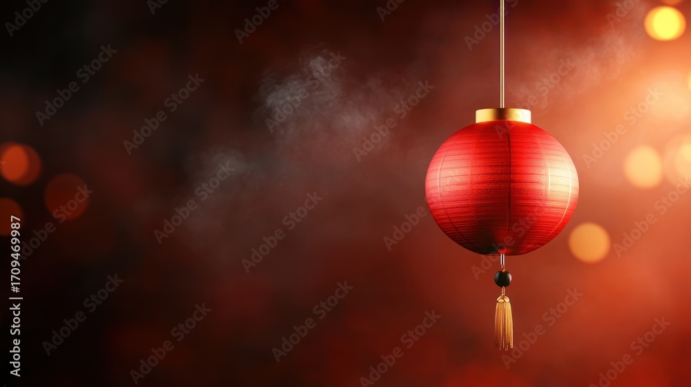 Obraz premium A solitary red Chinese lantern hangs against a softly blurred background of glowing lights and smoky atmosphere