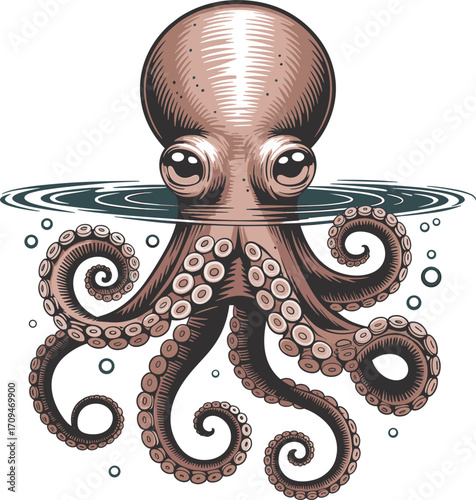 Stylized octopus illustration in vintage tattoo style, underwater marine life art, detailed tentacle drawing, ocean creature design with ripples