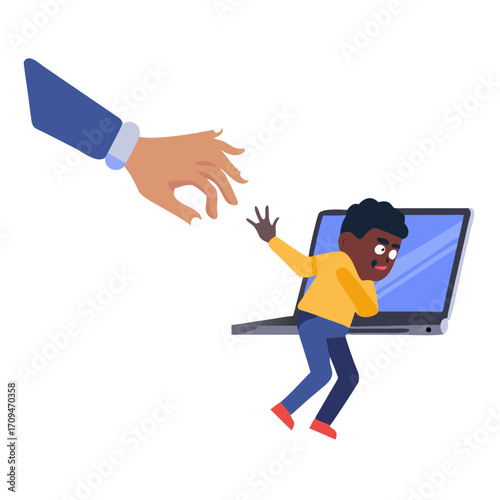 Cyberattack threatening frightened user 2D illustration concept. Cyber criminal hand reaching from laptop toward scared black man cartoon character isolated on white. Flat abstract vector metaphor See