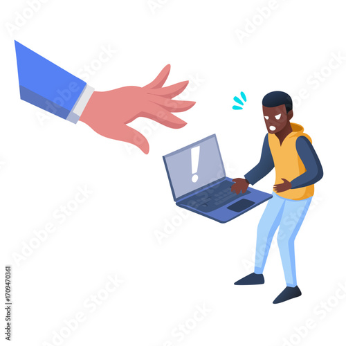 Cyberattack threatening frightened user 2D illustration concept. Cyber criminal hand reaching from laptop toward scared black man cartoon character isolated on white. Flat abstract vector metaphor See