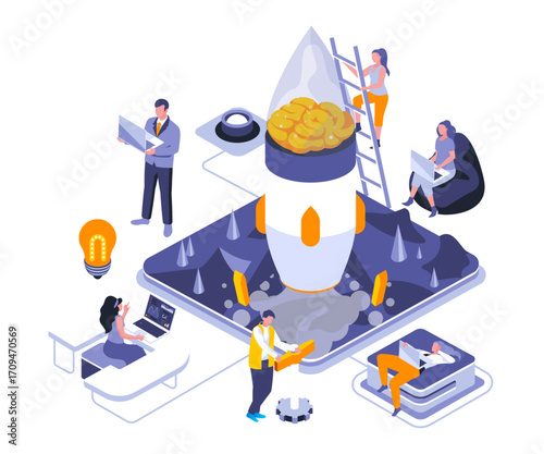 Common equidistant three-dimensional vector graphics A 3D rocket - themed workspace with people, computers, and a drone, on a light background