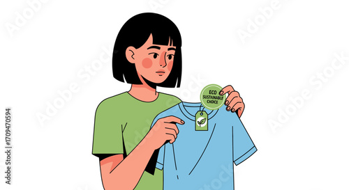 Young woman carefully examines an eco-friendly t-shirt, making a conscious choice for sustainable fashion and ethical consumerism, promoting a greener lifestyle