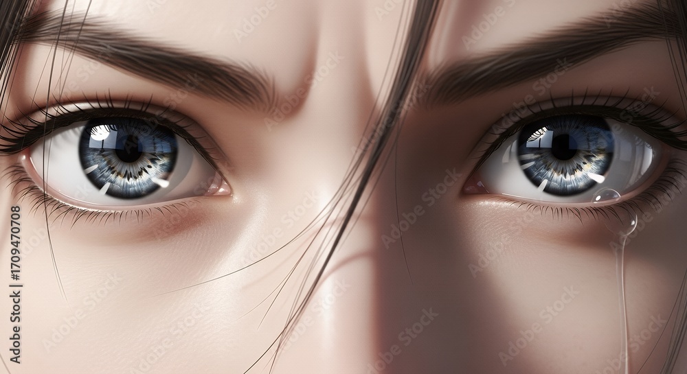 Fototapeta premium Closeup Blue Eye Woman Crying Showing Emotional Facial Expression