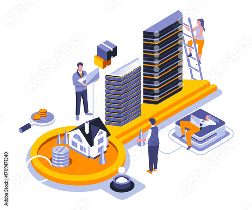 Common equidistant three-dimensional vector graphics A 3D city - like workspace with people, buildings, and a drone, on a light background