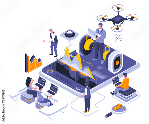 Common equidistant three-dimensional vector graphics A 3D industrial - looking workspace with people, computers, and a drone, on a light background
