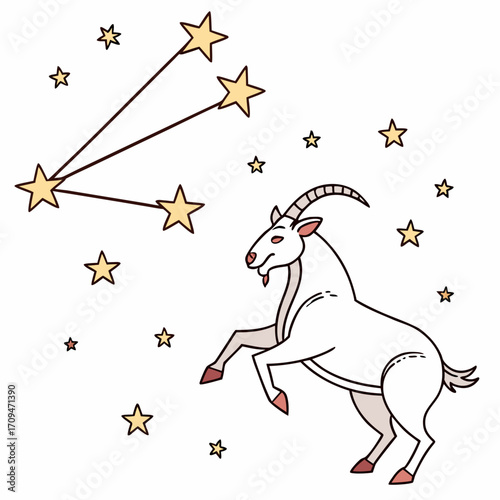 Capricornus constellation with goat zodiac sign doodle illustration of astrology, star, galaxy, universe, science, horoscope, celestial, zodiacal light