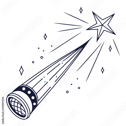 A handdrawn telescope pointing towards a shining star, , symbolizing exploration, discovery, and the wonders of the universe in a minimalist style