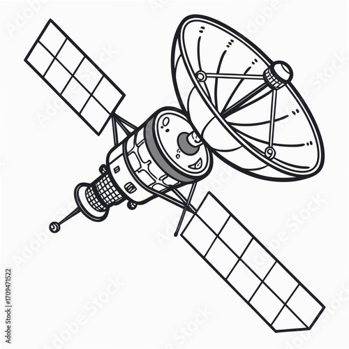Illustration of a satellite with solar panels and a parabolic antenna, the satellite is depicted in a simple, cartoonlike style, perfect for educational purposes