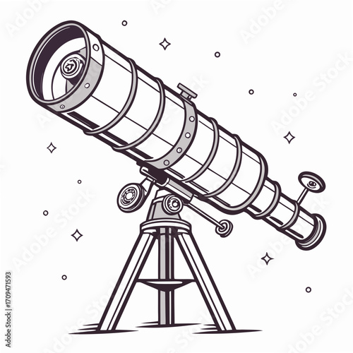 Illustration of a vintage telescope, showcasing its intricate design, tripod, and focusing mechanism, used for stargazing and exploring the mysteries of the cosmos