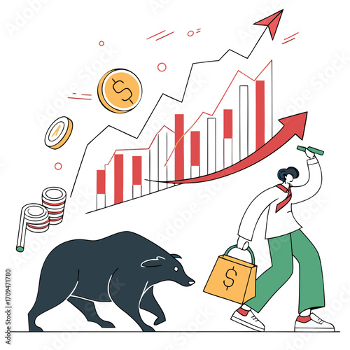 A stock market investor navigating market volatility with a bear market looming, while aiming for financial growth and investment success