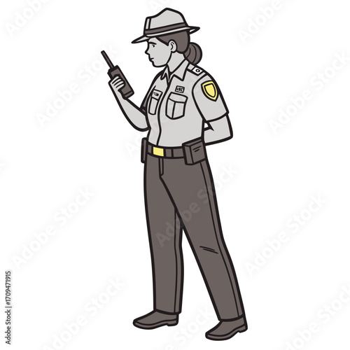 Illustration of a female state trooper holding a radio, she is wearing her uniform and hat, and is standing at attention