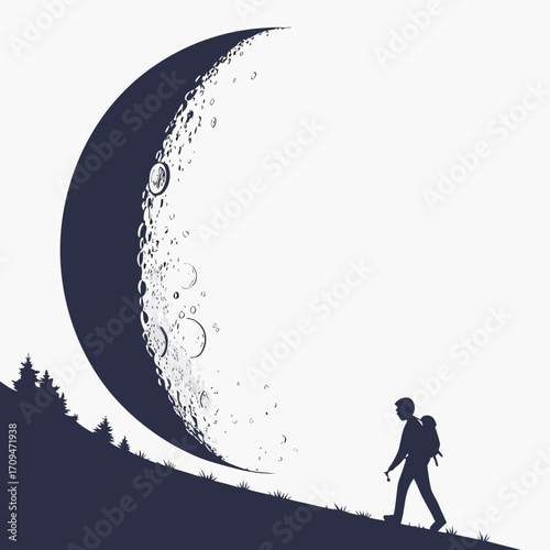 Illustration of a man walking towards a large crescent moon on a hill, the man is silhouetted against the moon in a vector style