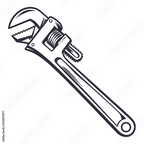 Illustration of a vintage pipe wrench, a versatile tool for plumbing and mechanical tasks, showcasing its adjustable jaws and sturdy construction