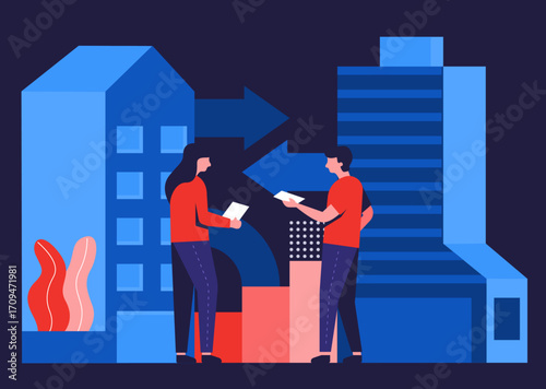business people in the officewo people interacting in front of blue buildings at night, on a dark background