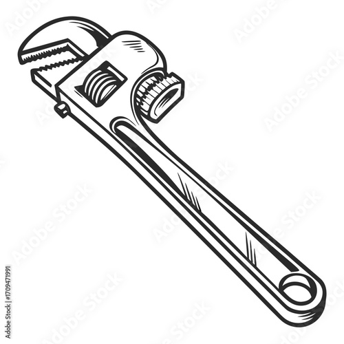 Illustration of an adjustable wrench, a versatile tool for gripping and turning nuts, bolts, and pipes of various sizes