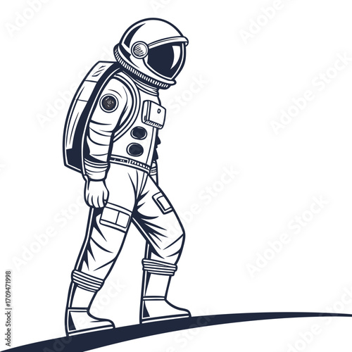 Illustration of an astronaut in a spacesuit walking on a surface, a detailed and dynamic design for space exploration and science themes