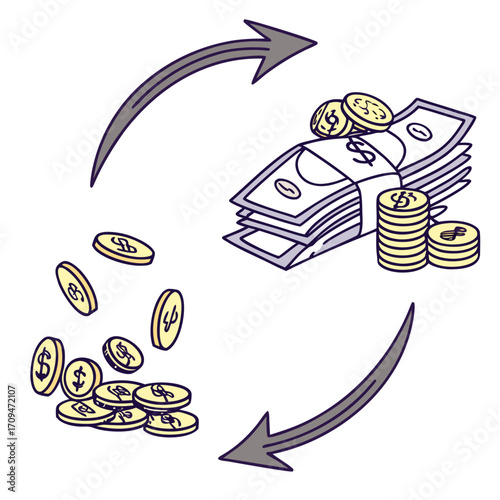 Money exchange coins and bills circulate with arrows, symbolizing the continuous exchange of funds, investment, and financial transactions in the economy