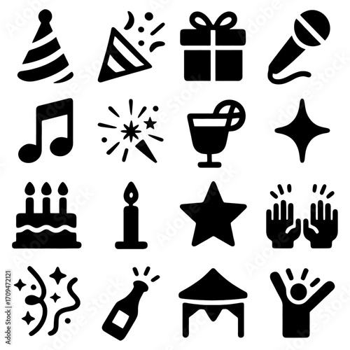 Party Icons Set: A visually engaging collection of celebratory icons, designed to represent a diverse range of festive elements. This image captures joy and excitement.