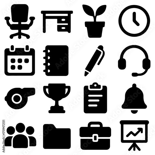 Office Icon Set: This comprehensive vector illustration showcases a collection of essential office icons, perfect for any business project. A visual representation of common office items.