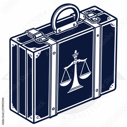 A navy blue briefcase with a scales of justice emblem, , symbolizing legal services, law firm representation, and the pursuit of justice in court