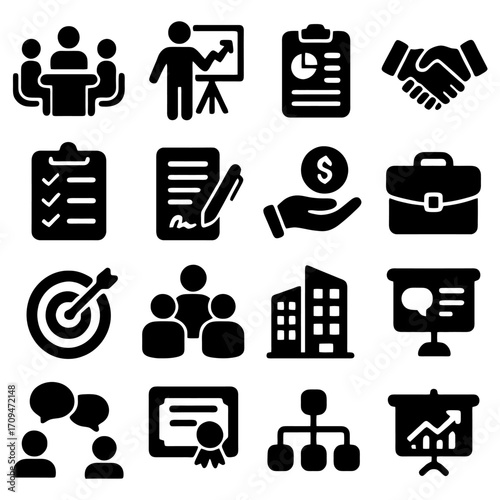 Business Icon Set: A comprehensive collection of vector icons representing various business concepts, showcasing a cohesive design for versatile usage. 