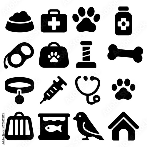 Pet Supplies: A comprehensive set of pet care essentials icons, elegantly rendered to convey the utmost in care and attention. The set encapsulates everything you need for a pet's well-being.