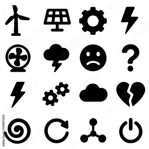 Diverse Icon Collection: A concise, black and white illustration of various icons, from technological symbols to emotional expressions, embodying the diverse facets of modern life.