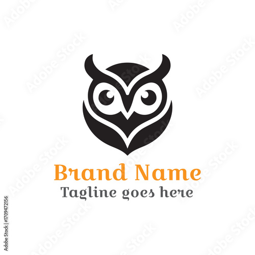 A stylized owl logo vector design template with a heart symbol and cartoon art elements is available as a scalable illustration for your business