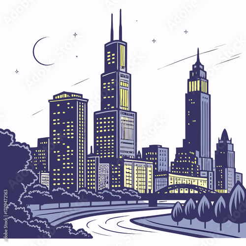A vibrant illustration captures the chicago skyline at night, showcasing iconic buildings, a tranquil river, and a serene moonlit sky, creating a captivating urban landscape