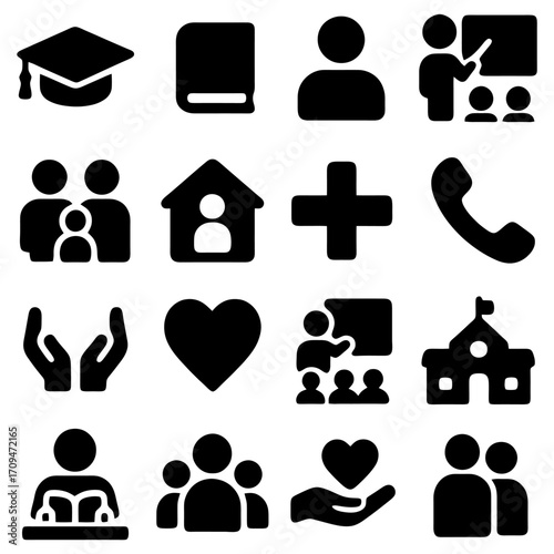 Icons of Life and Learning: A cohesive set of elegantly designed black and white icons depicting education, community, and care.