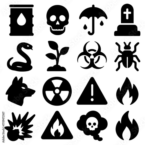 Warning Symbols Vector Set: A collection of stylized, single-tone icons, clearly conveying potential hazards and risks, designed for quick visual communication and safety awareness.