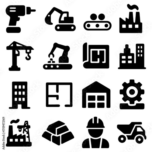 Construction Icon Set: Illustrative icons depicting various aspects of construction and industry, from tools to machinery.