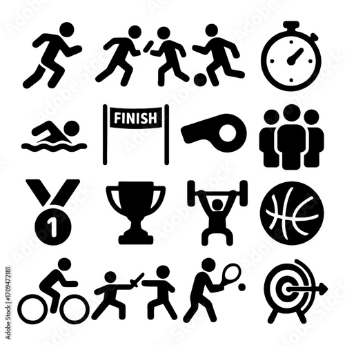 Sports Icon Collection: A collection of various sports icons, presented in a clean, graphical style, showcasing the diverse range of activities, competitions, and equipment.