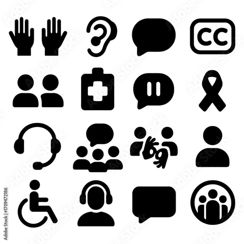 Diversity and Inclusion Icons: a collection of concise symbols representing a commitment to accessibility, support, and understanding, with clear designs for easy recognition and universal meaning.