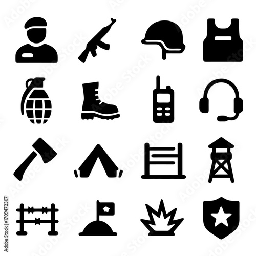 Military Gear and Iconography: A collection of meticulously crafted black silhouette icons, symbolizing various facets of military life and operations, presented with minimalist precision.