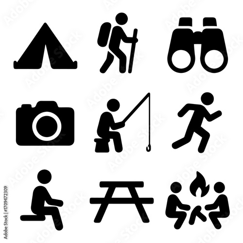 Camping and Leisure Icon Set: This collection of simplified pictograms represents the spirit of outdoor pursuits, offering a glimpse of essential items and recreational activities in nature.
