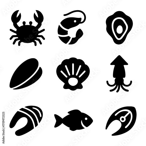Seafood Icons: A collection of meticulously crafted seafood icons representing the bounty of the ocean. A celebration of seafood and culinary diversity