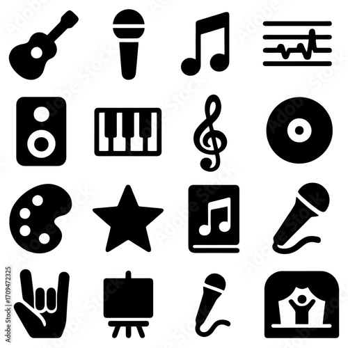 Music and Art Icon Collection: A compilation of iconic visual elements representing music and art, these icons capture the essence of creative expression and artistic endeavors.