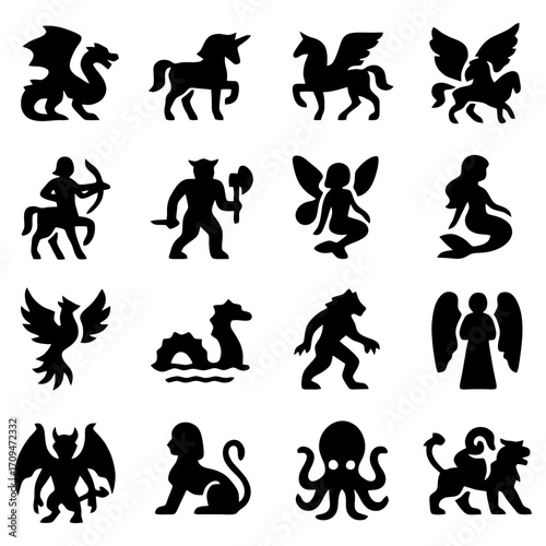 Mythical Beasts Icon Set: A collection of stylized, black silhouette icons depicting a variety of fantastical creatures from diverse mythologies, ready to ignite the imagination.