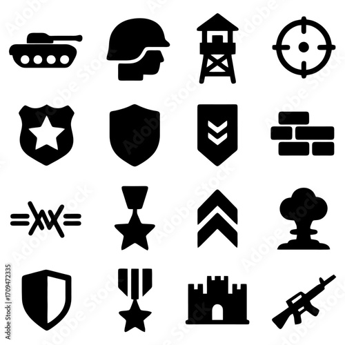Military Symbols in Silhouette: A curated collection of military symbols in stark silhouette, evoking themes of war, defense, and protection, each element a testament to strength and strategy. 