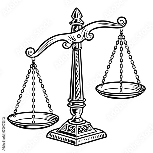 Detailed scales of justice illustration, represents law, balance, and the legal system, ideal for legal and educational content